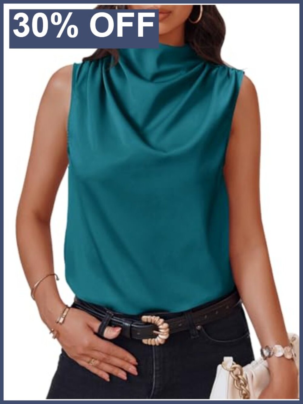 Satin Mock Neck Ruched Tank Top Sleeveless Business Casual Blouse